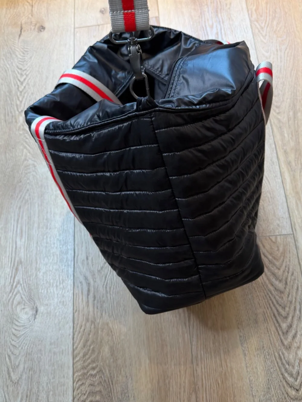 Think Royln Wingman Quilted Puffer Tote Black Red Silver Stripe